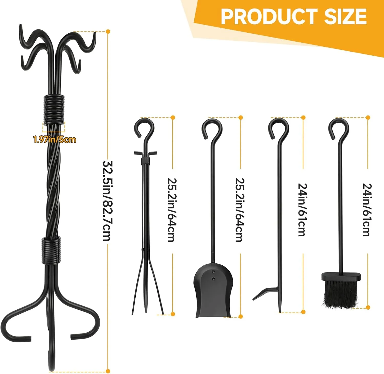 Fire Place Set Tools 5-Piece, Heavy Duty Black Indoor Outdoor Fireplace Tools for Living Room, Housewarming