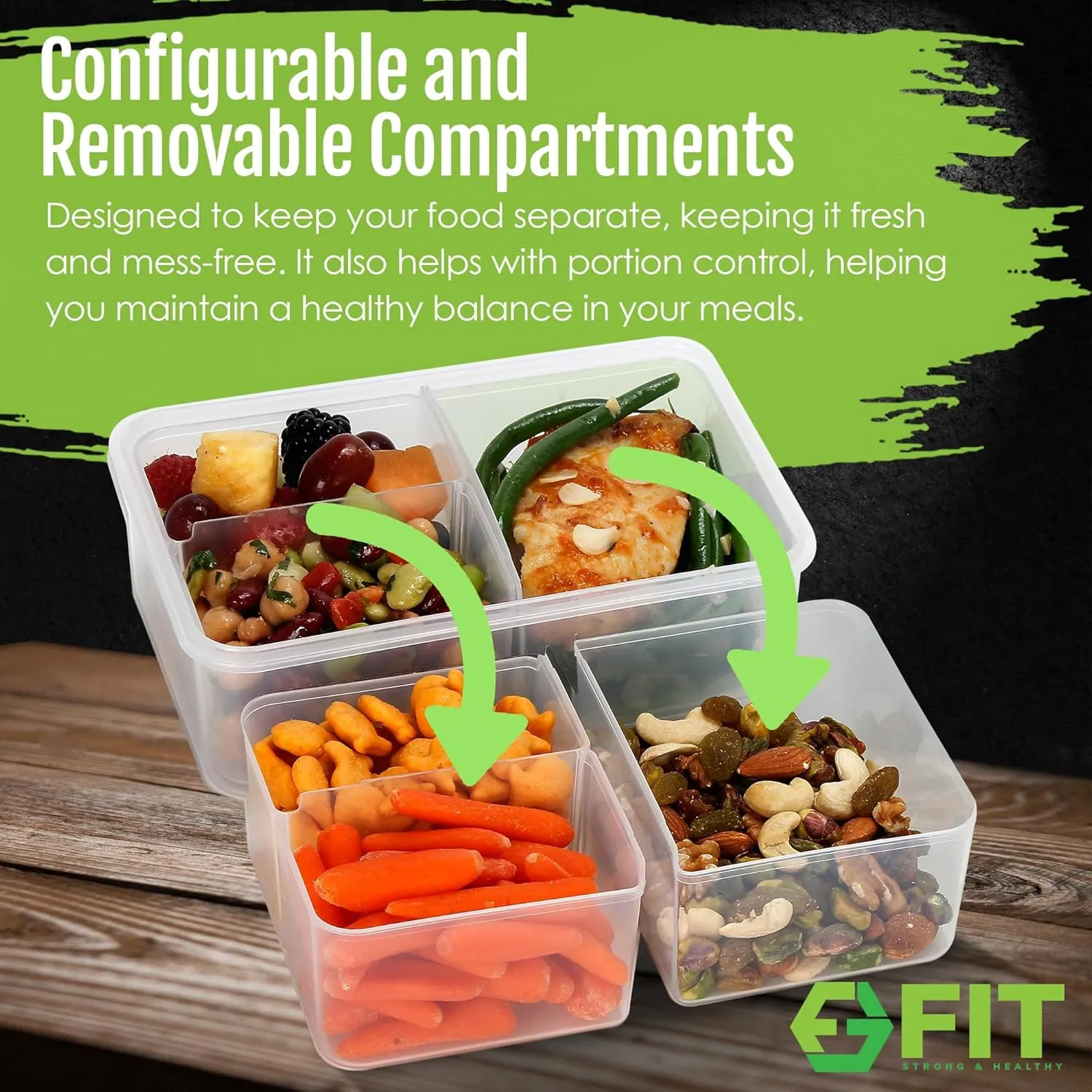 FIT Strong & Healthy Bento Lunch Box & Meal Prep Containers, Food & Snack Storage for Adults & Kids, Microwave, Freezer, & Dishwasher Safe, Reusable, Airtight Lid, Removable Compartments, 39oz, 6 Pack