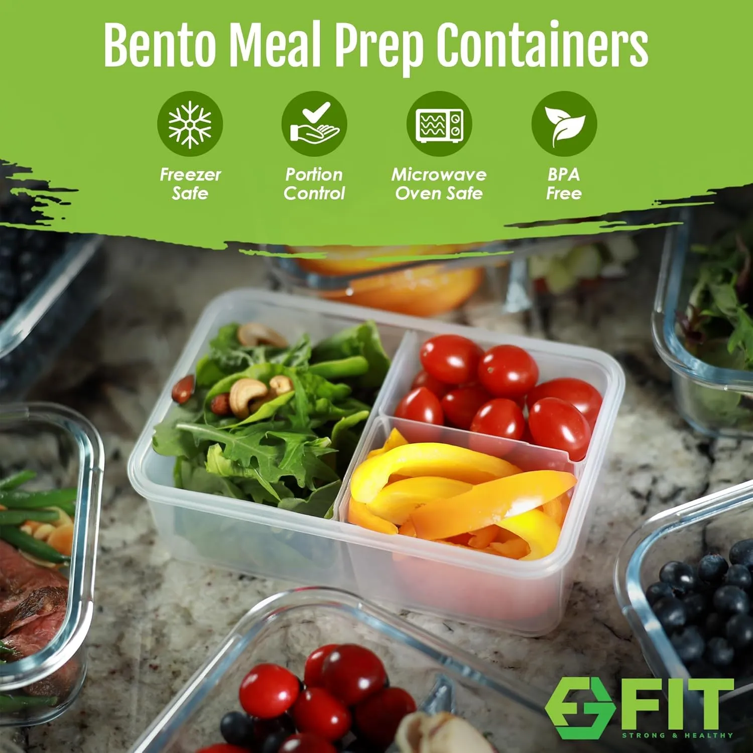 FIT Strong & Healthy Bento Lunch Box & Meal Prep Containers, Food & Snack Storage for Adults & Kids, Microwave, Freezer, & Dishwasher Safe, Reusable, Airtight Lid, Removable Compartments, 39oz, 6 Pack