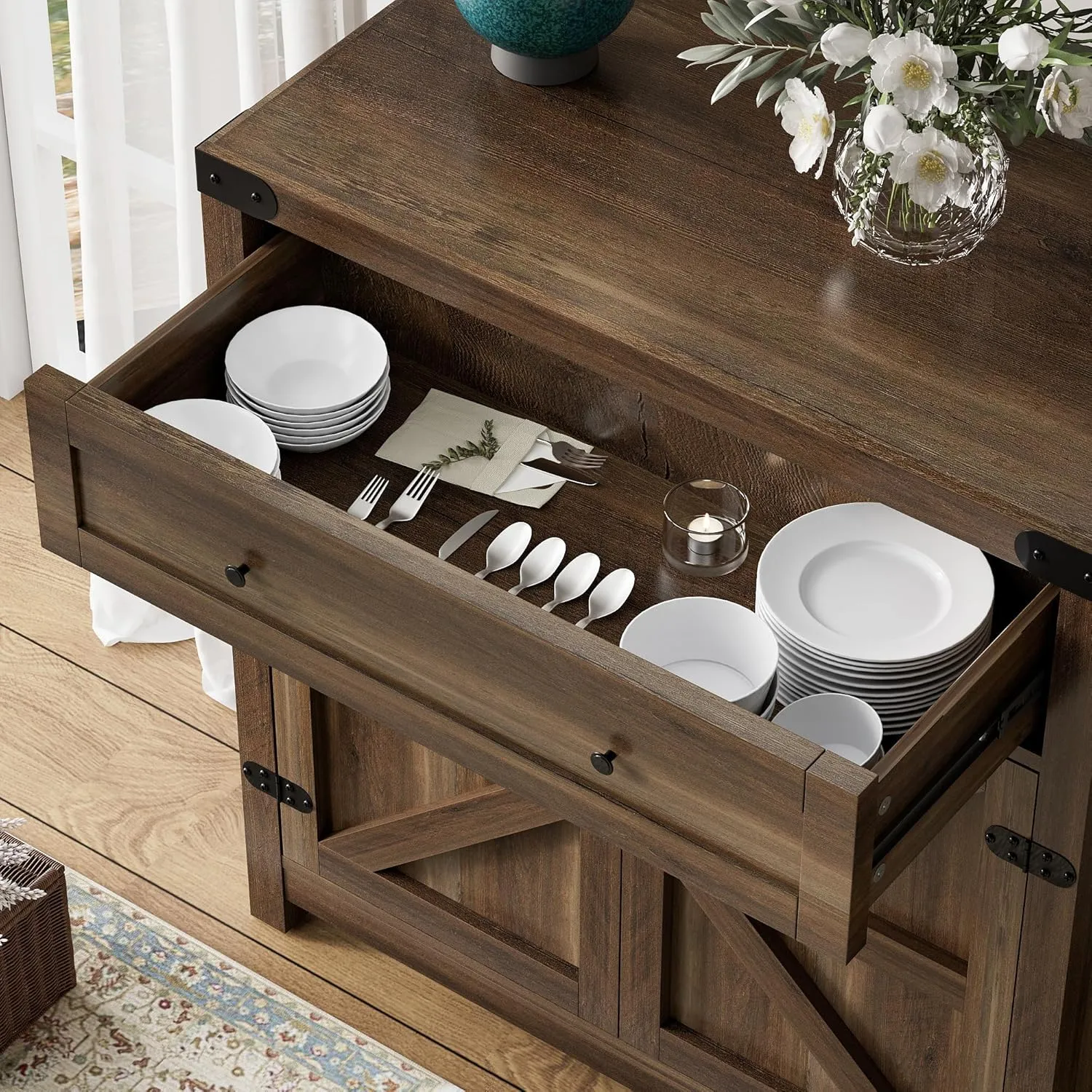 Flamaker Sideboard Buffet Cabinet with Storage, Farmhouse Coffee Bar Cabinet with 1 Drawer and 2 Barn Doors, Barn Door Console Table, Storage Cabinet for Kitchen, Dining Room, Entryway (Brown)