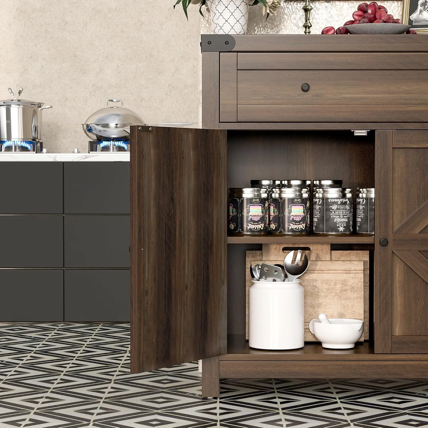 Flamaker Sideboard Buffet Cabinet with Storage, Farmhouse Coffee Bar Cabinet with 1 Drawer and 2 Barn Doors, Barn Door Console Table, Storage Cabinet for Kitchen, Dining Room, Entryway (Brown)
