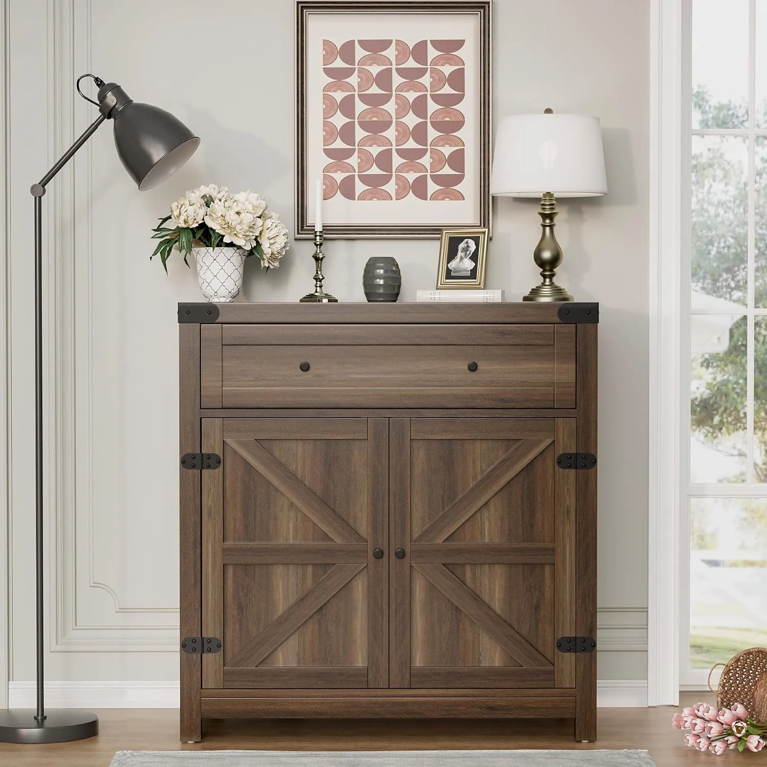 Flamaker Sideboard Buffet Cabinet with Storage, Farmhouse Coffee Bar Cabinet with 1 Drawer and 2 Barn Doors, Barn Door Console Table, Storage Cabinet for Kitchen, Dining Room, Entryway (Brown)