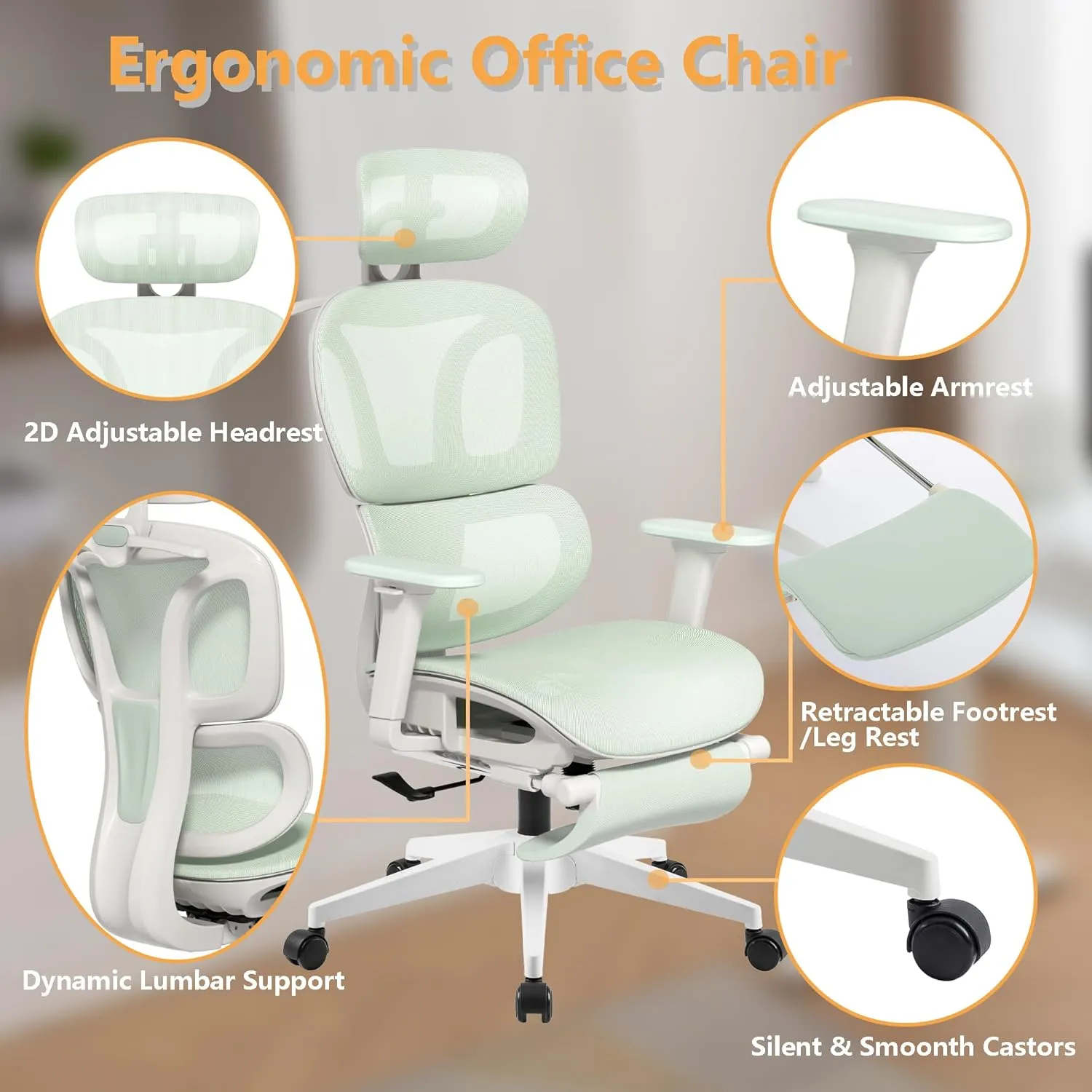 FLEXISPOT Big and Tall Mesh Office Chair, Computer Desk Chair Adjustable Swivel with Footrest Lumbar Support Headrest and 360°Rotation for Home Office, Green Mesh