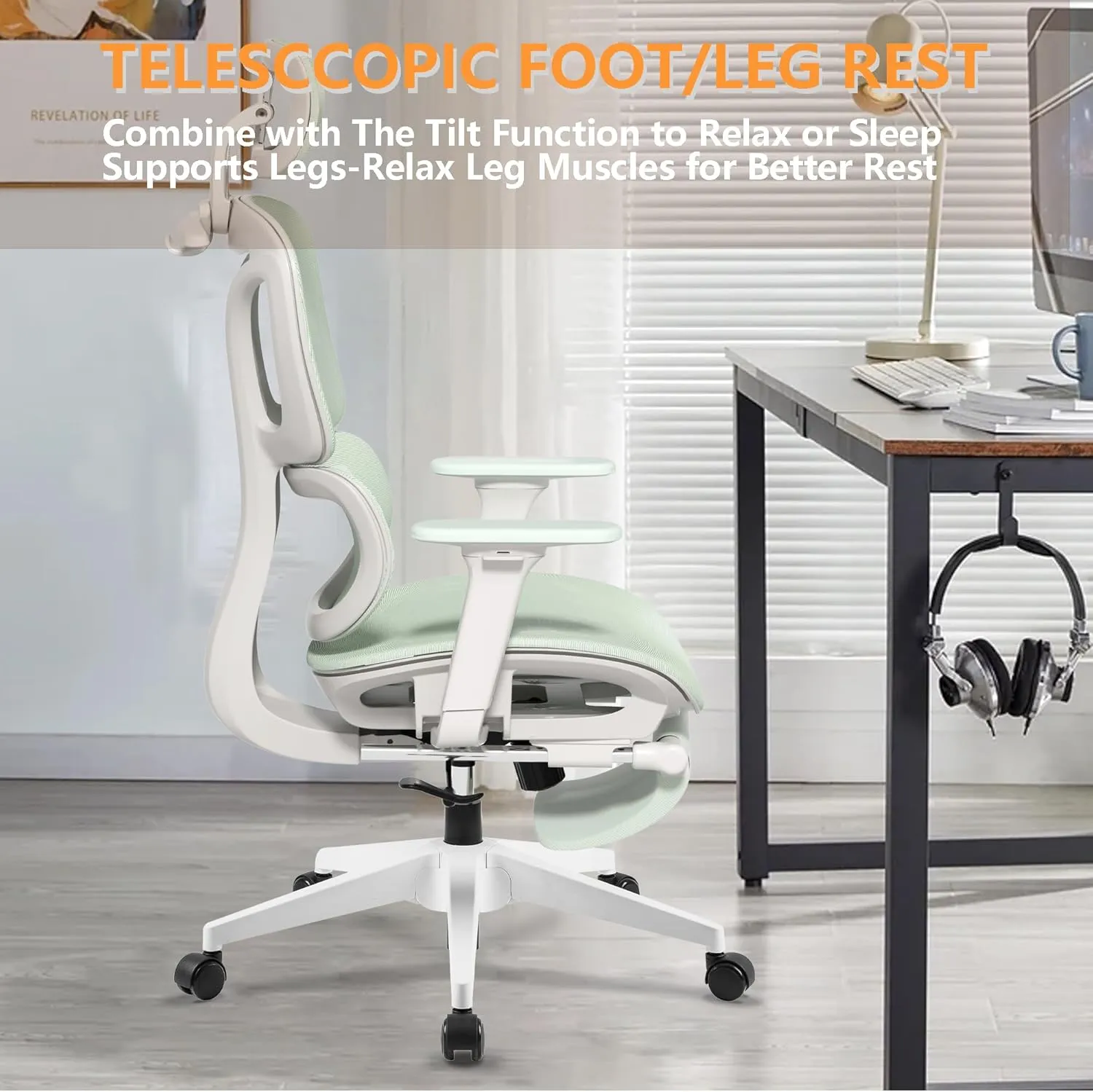 FLEXISPOT Big and Tall Mesh Office Chair, Computer Desk Chair Adjustable Swivel with Footrest Lumbar Support Headrest and 360°Rotation for Home Office, Green Mesh