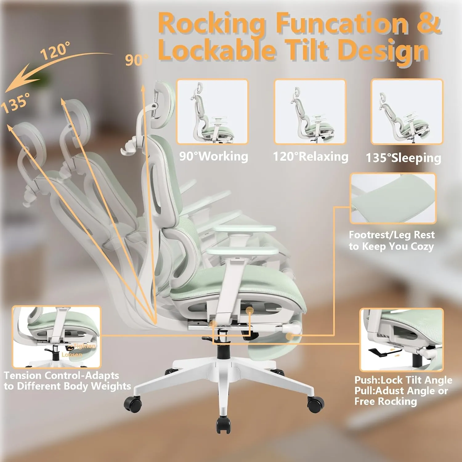 FLEXISPOT Big and Tall Mesh Office Chair, Computer Desk Chair Adjustable Swivel with Footrest Lumbar Support Headrest and 360°Rotation for Home Office, Green Mesh