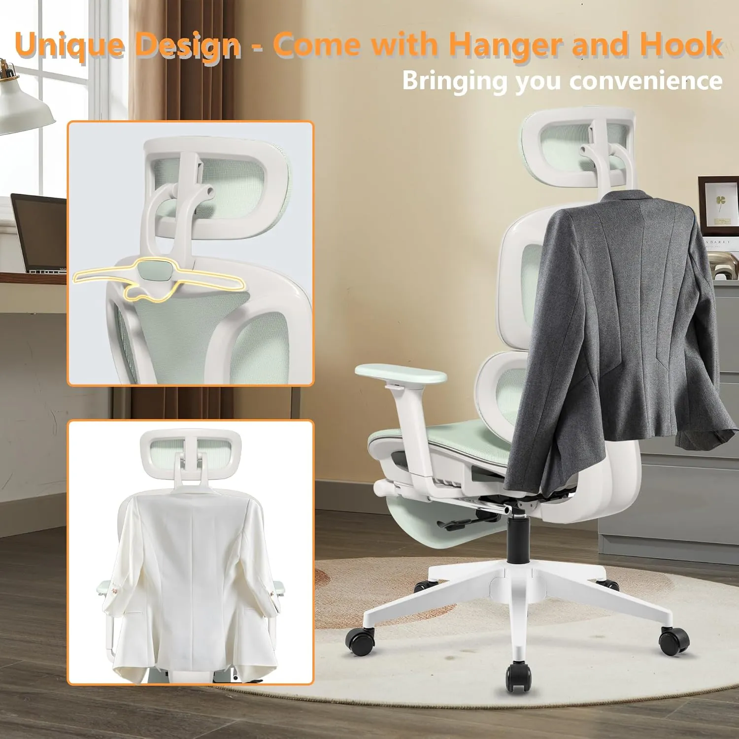 FLEXISPOT Big and Tall Mesh Office Chair, Computer Desk Chair Adjustable Swivel with Footrest Lumbar Support Headrest and 360°Rotation for Home Office, Green Mesh