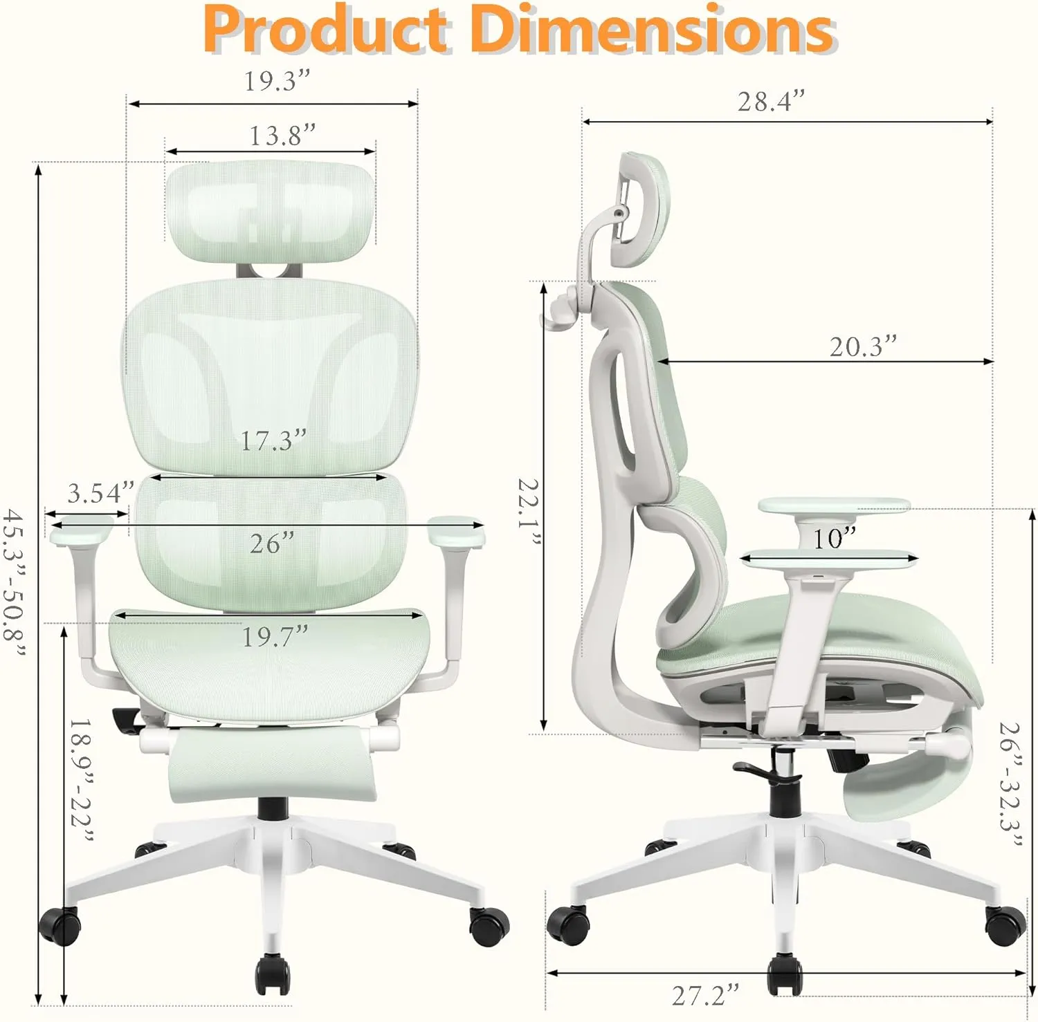 FLEXISPOT Big and Tall Mesh Office Chair, Computer Desk Chair Adjustable Swivel with Footrest Lumbar Support Headrest and 360°Rotation for Home Office, Green Mesh