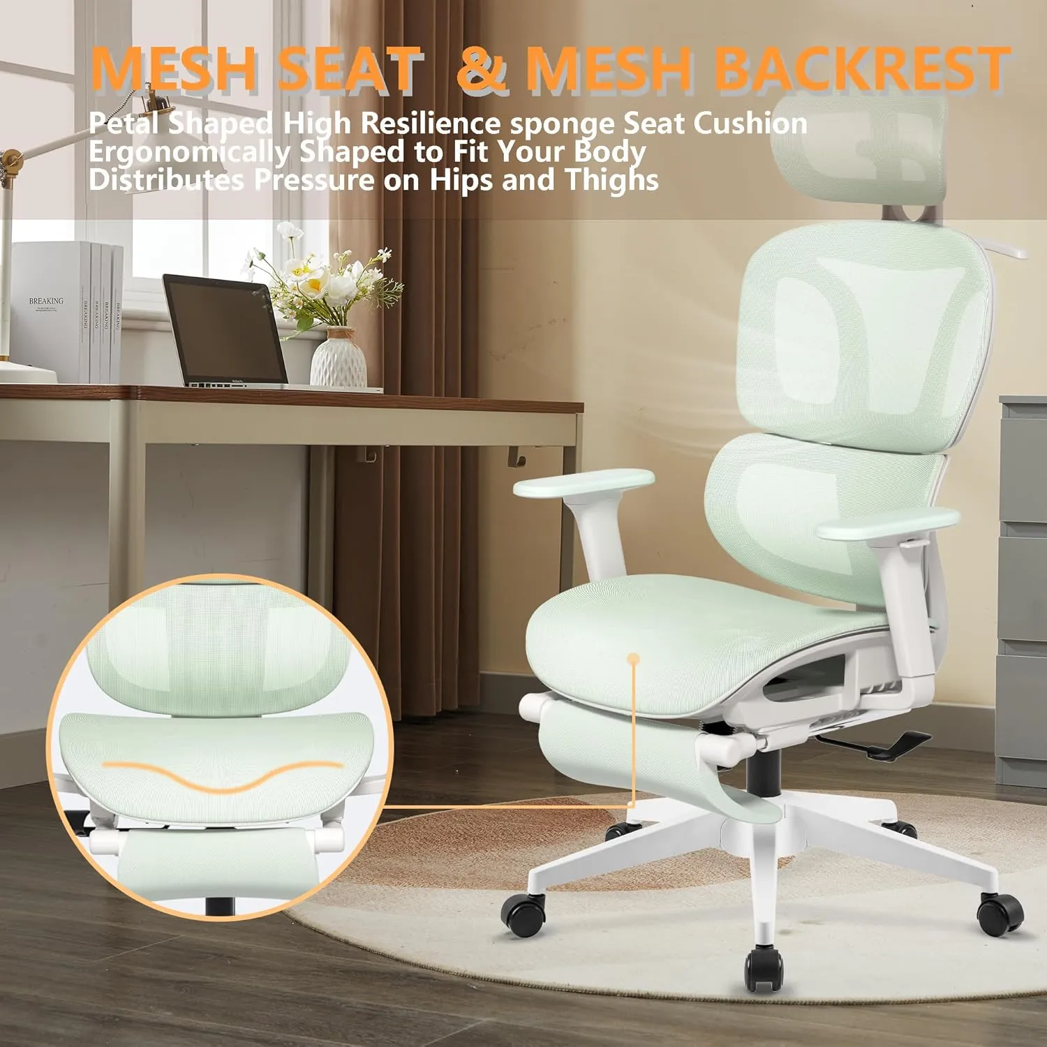 FLEXISPOT Big and Tall Mesh Office Chair, Computer Desk Chair Adjustable Swivel with Footrest Lumbar Support Headrest and 360°Rotation for Home Office, Green Mesh
