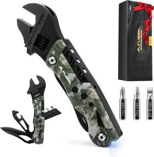 FLISSA 13-in-1 Multi Tool Wrench, Gift for Father, Stainless Steel Camo Multitool Adjustable Wrench with LED Light, EDC Pocket Knife with Sheath, Multipurpose Multi Use Tool