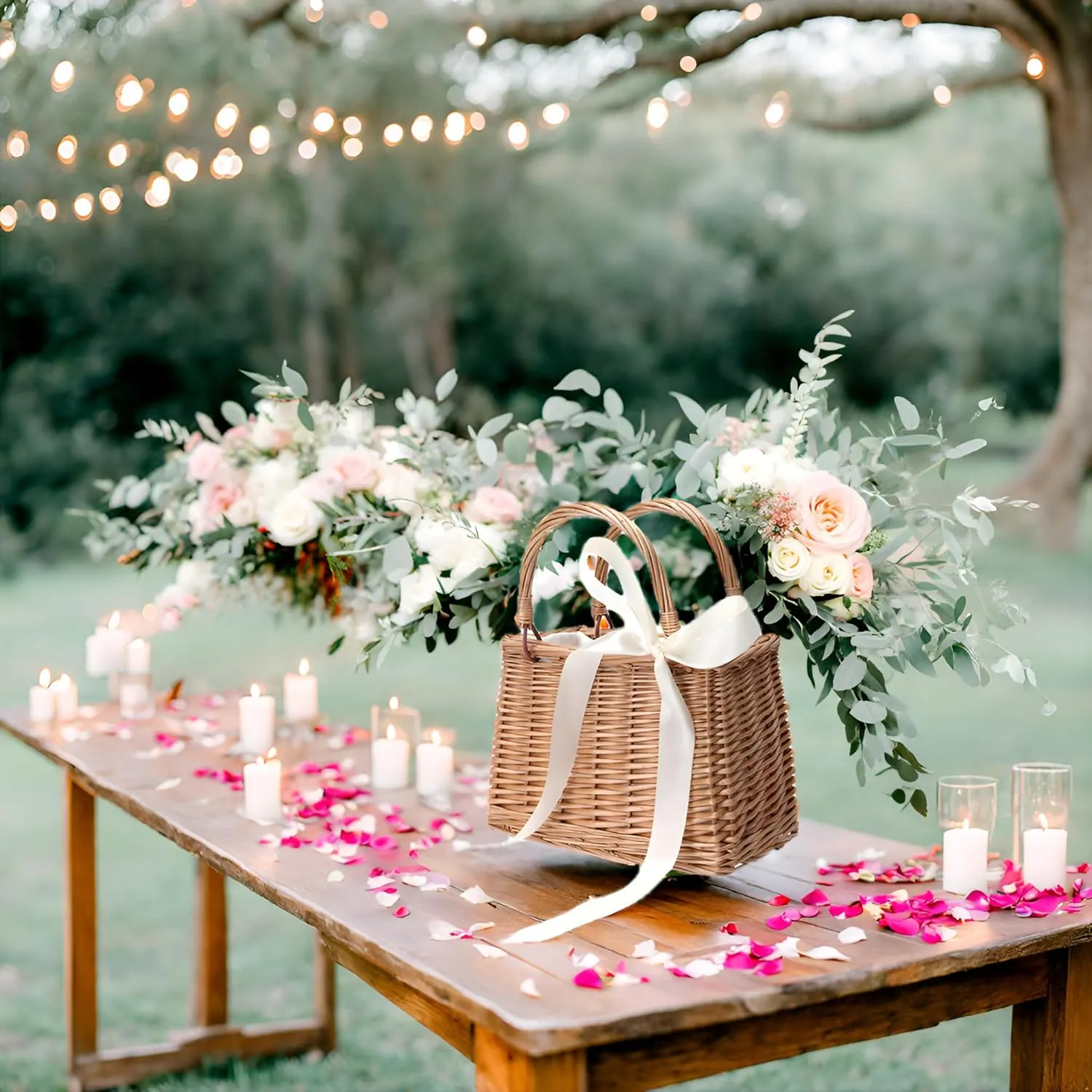 Flower Girl Basket Boho Style Rattan Baskets with White Ribbon for Weddings, Classic Wicker Handbag Basket Purse Baskets Bags Women Straw Tote with Handle