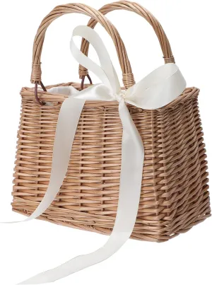 Flower Girl Basket Boho Style Rattan Baskets with White Ribbon for Weddings, Classic Wicker Handbag Basket Purse Baskets Bags Women Straw Tote with Handle
