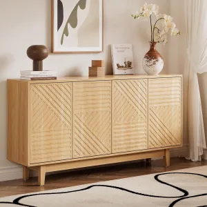 Fluted Sideboard Buffet Cabinet with Storage, Modern 60 inches Sideboard with 4 Doors, Large Wood Buffet Storage Cabinet Credenza, Console Table for Kitchen, Dining, Living Room, Entryway, Natural Oak