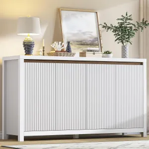 Fluted Storage Cabinet, Modern White Sideboard with 4 Doors and Adjustable Shelves, Wood Credenza Accent Buffet Cabinet Console Coffee Bar Table for Kitchen Entryway Living Room