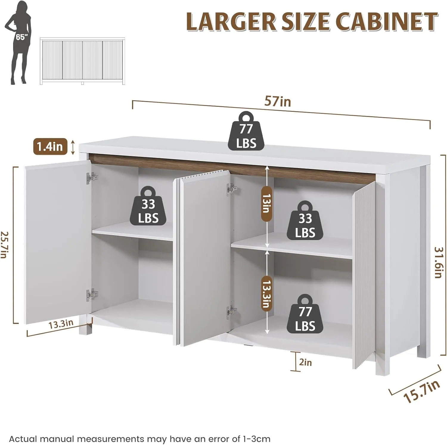 Fluted Storage Cabinet, Modern White Sideboard with 4 Doors and Adjustable Shelves, Wood Credenza Accent Buffet Cabinet Console Coffee Bar Table for Kitchen Entryway Living Room
