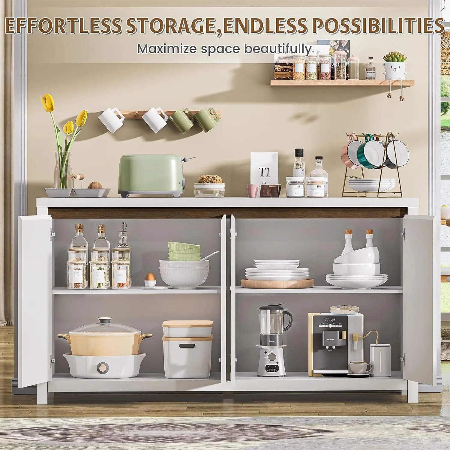 Fluted Storage Cabinet, Modern White Sideboard with 4 Doors and Adjustable Shelves, Wood Credenza Accent Buffet Cabinet Console Coffee Bar Table for Kitchen Entryway Living Room