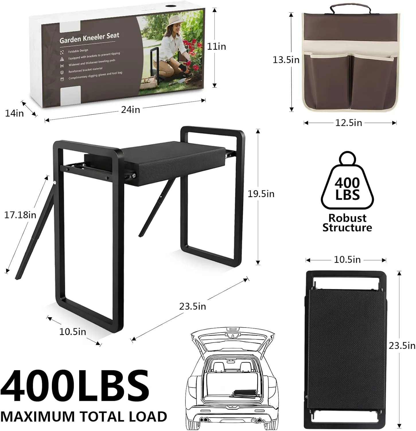 Foldable Garden Kneeler Seat Heavy Duty with Support Bracket [Upgraded Widened Thick 10'' Kneeling Pad] Garden Stool with Large Garden Tool Bags with Pockets -Gardening Gifts for Parents