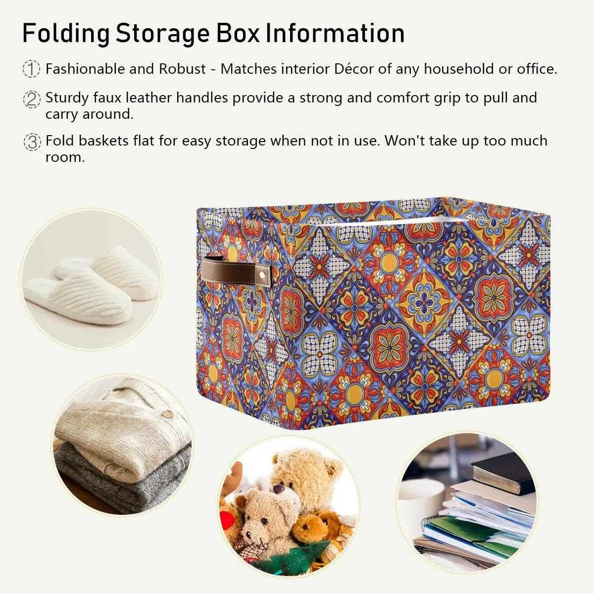 Foldable Storage Baskets Set of 2, Mexican Ceramic Tile Pattern Storage Bins with Handles, Decorative Cloth Organizer Storage Boxes for Home|Office 15 x 11 x 9.5 in