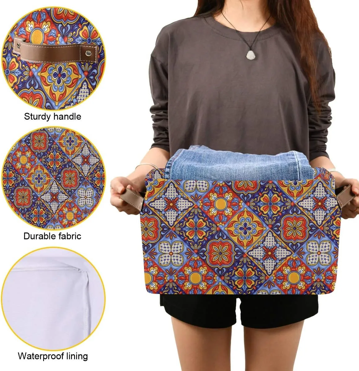 Foldable Storage Baskets Set of 2, Mexican Ceramic Tile Pattern Storage Bins with Handles, Decorative Cloth Organizer Storage Boxes for Home|Office 15 x 11 x 9.5 in