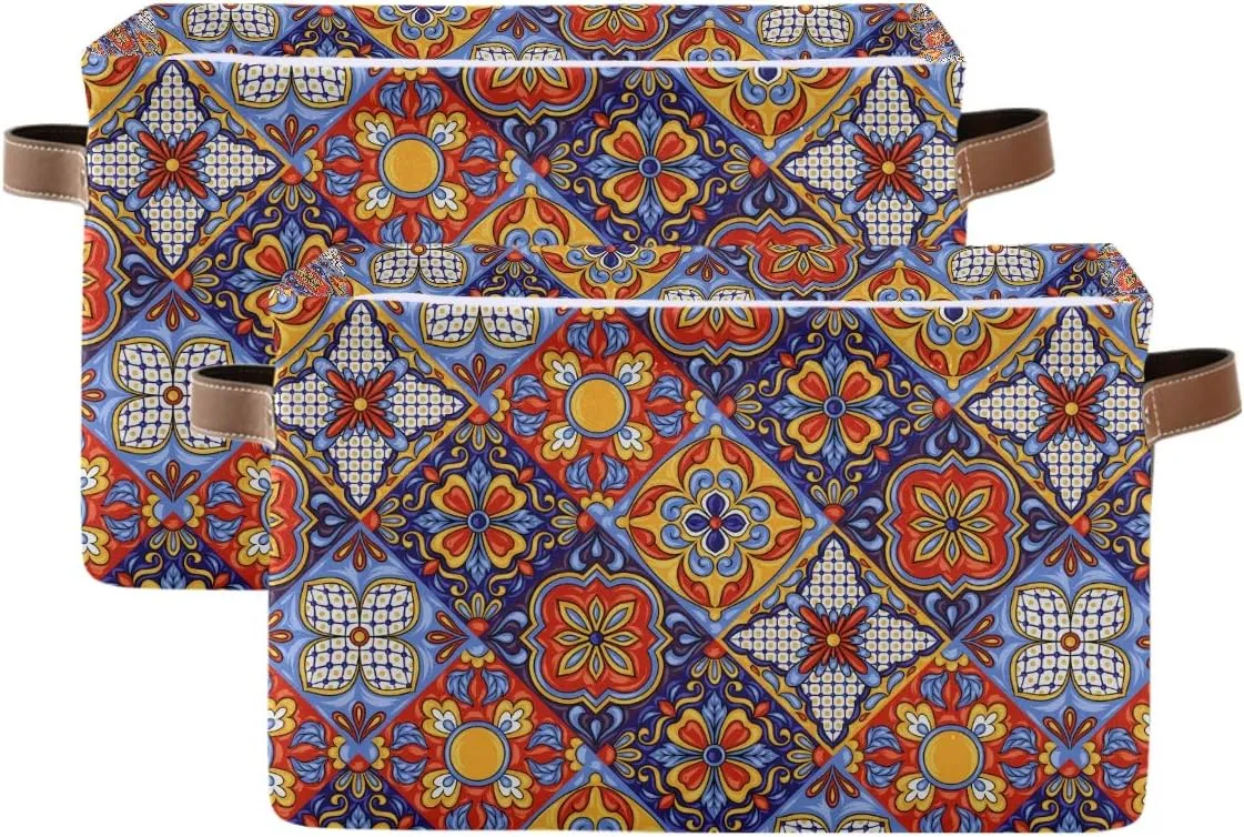 Foldable Storage Baskets Set of 2, Mexican Ceramic Tile Pattern Storage Bins with Handles, Decorative Cloth Organizer Storage Boxes for Home|Office 15 x 11 x 9.5 in