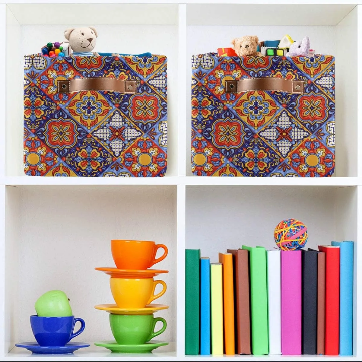 Foldable Storage Baskets Set of 2, Mexican Ceramic Tile Pattern Storage Bins with Handles, Decorative Cloth Organizer Storage Boxes for Home|Office 15 x 11 x 9.5 in