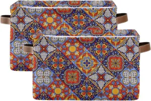 Foldable Storage Baskets Set of 2, Mexican Ceramic Tile Pattern Storage Bins with Handles, Decorative Cloth Organizer Storage Boxes for Home|Office 15 x 11 x 9.5 in