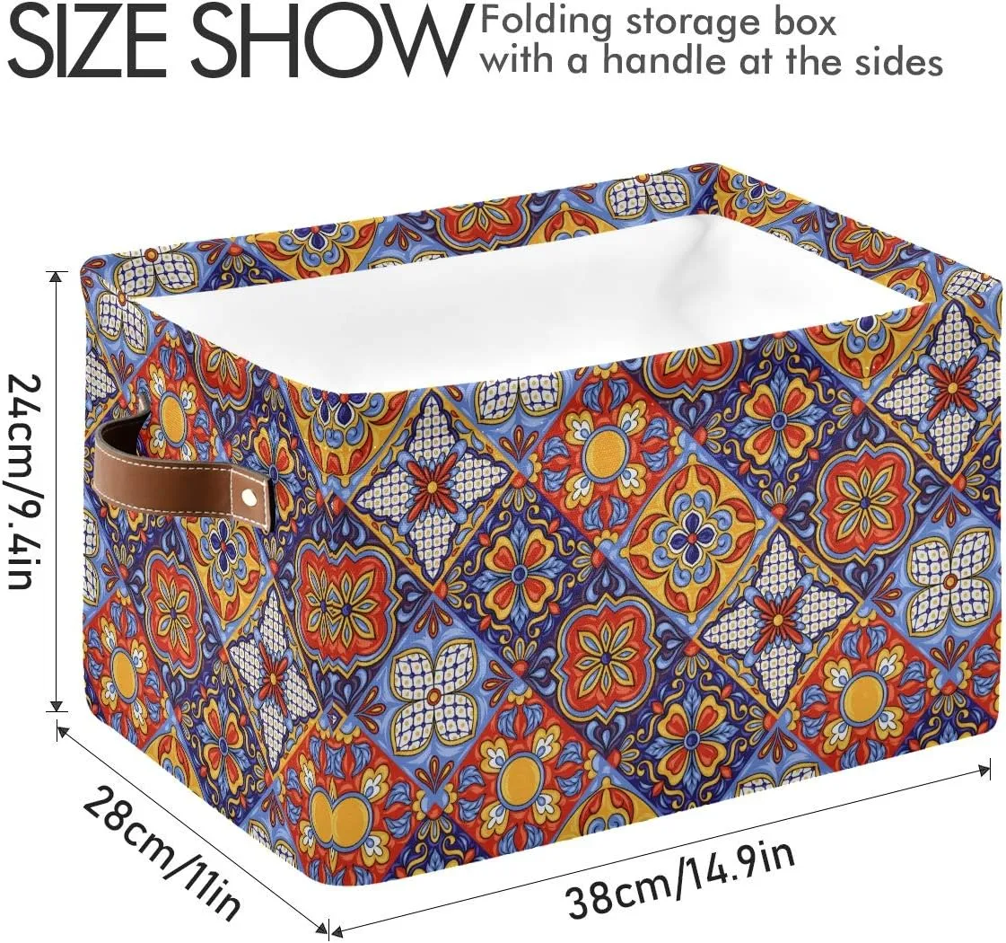 Foldable Storage Baskets Set of 2, Mexican Ceramic Tile Pattern Storage Bins with Handles, Decorative Cloth Organizer Storage Boxes for Home|Office 15 x 11 x 9.5 in