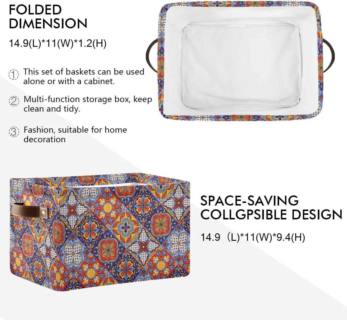 Foldable Storage Baskets Set of 2, Mexican Ceramic Tile Pattern Storage Bins with Handles, Decorative Cloth Organizer Storage Boxes for Home|Office 15 x 11 x 9.5 in