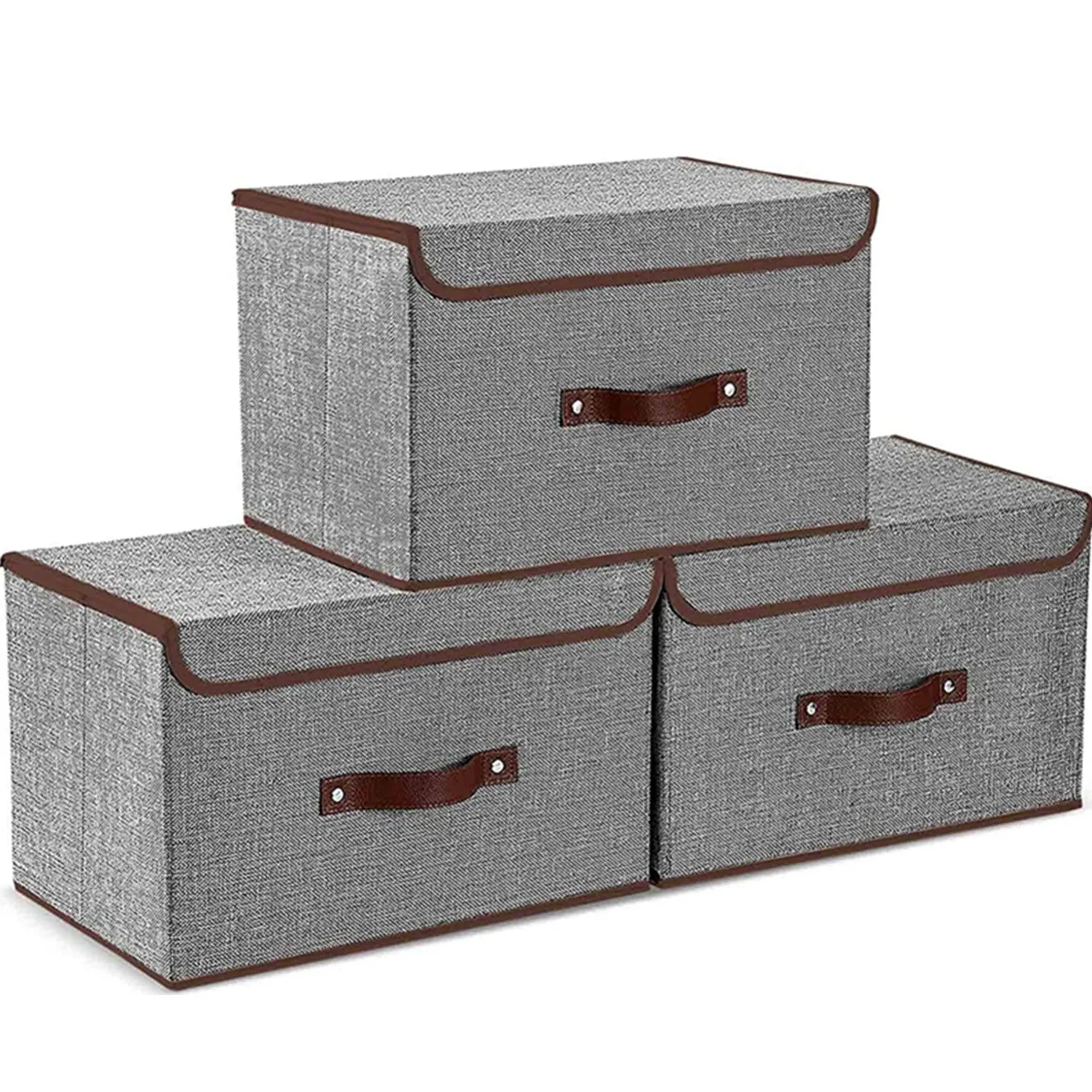 Foldable Storage Bins Boxes with Lids and Handles Baskets Linen Organizers Stackable Box Clothing for Laundry, Toys, Shelves, Clothes (3 Pack)