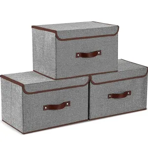 Foldable Storage Bins Boxes with Lids and Handles Baskets Linen Organizers Stackable Box Clothing for Laundry, Toys, Shelves, Clothes (3 Pack)