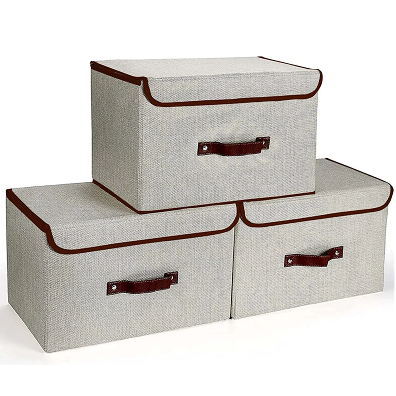 Foldable Storage Bins Boxes with Lids and Handles Baskets Linen Organizers Stackable Box Clothing for Laundry, Toys, Shelves, Clothes (3 Pack)