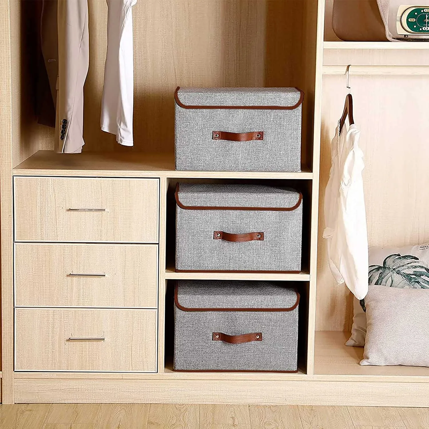 Foldable Storage Bins Boxes with Lids and Handles Baskets Linen Organizers Stackable Box Clothing for Laundry, Toys, Shelves, Clothes (3 Pack)
