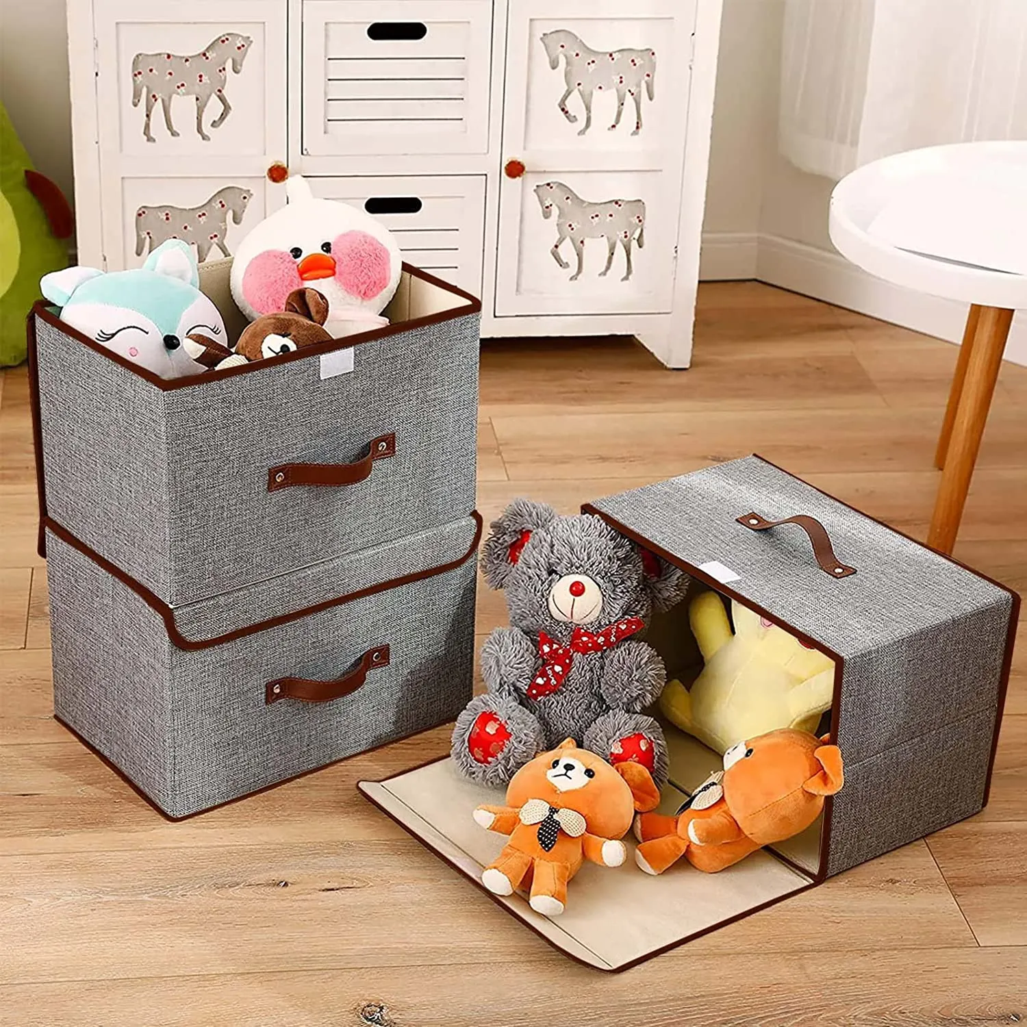 Foldable Storage Bins Boxes with Lids and Handles Baskets Linen Organizers Stackable Box Clothing for Laundry, Toys, Shelves, Clothes (3 Pack)