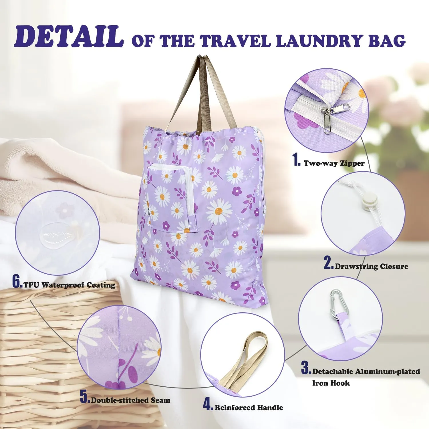Foldable Travel Laundry Bag with Handle and Drawstring, 2 Pack Expandable Dirty Clothes Bags with Aluminum Carabiner and Zipper, Lightweight Laundry Hamper Liner for Travel, Camp, 20*19 inch