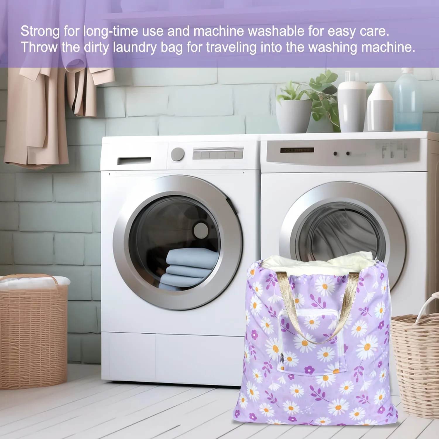 Foldable Travel Laundry Bag with Handle and Drawstring, 2 Pack Expandable Dirty Clothes Bags with Aluminum Carabiner and Zipper, Lightweight Laundry Hamper Liner for Travel, Camp, 20*19 inch