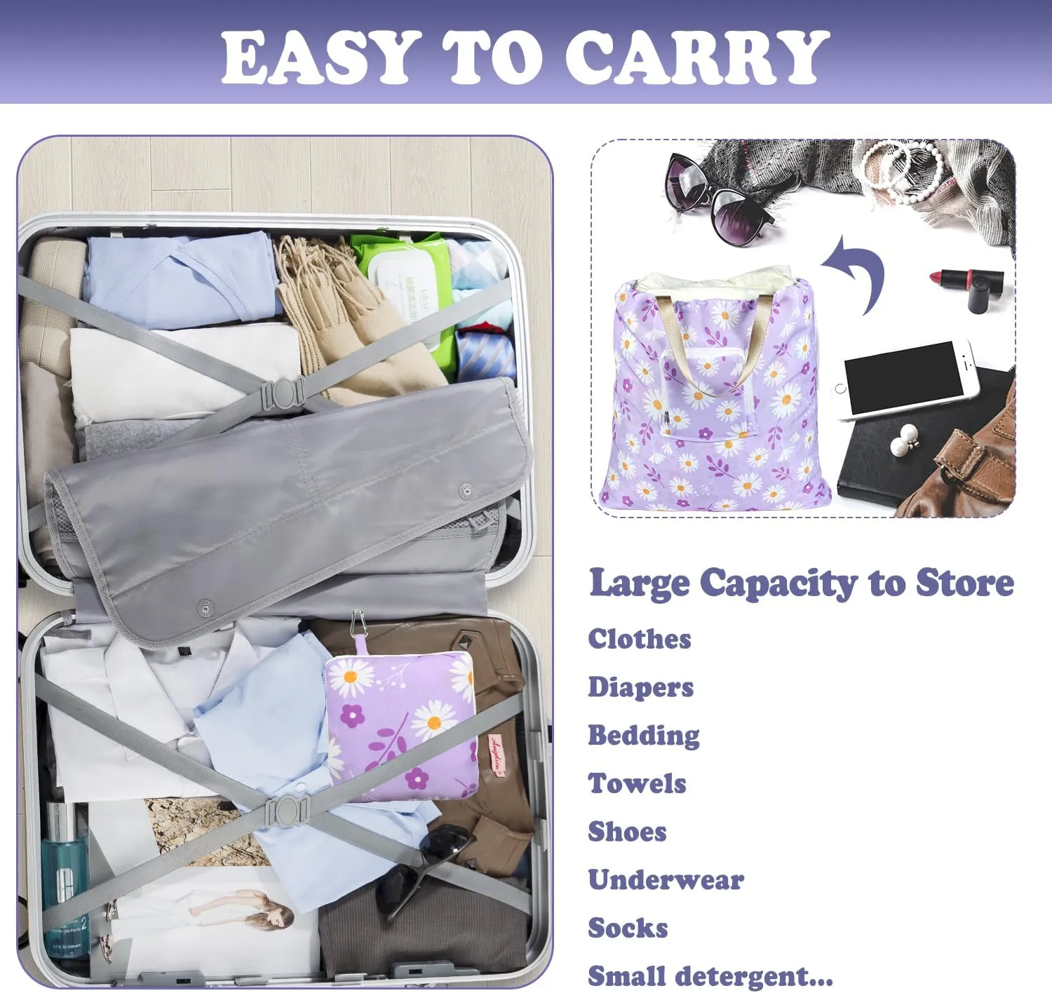 Foldable Travel Laundry Bag with Handle and Drawstring, 2 Pack Expandable Dirty Clothes Bags with Aluminum Carabiner and Zipper, Lightweight Laundry Hamper Liner for Travel, Camp, 20*19 inch