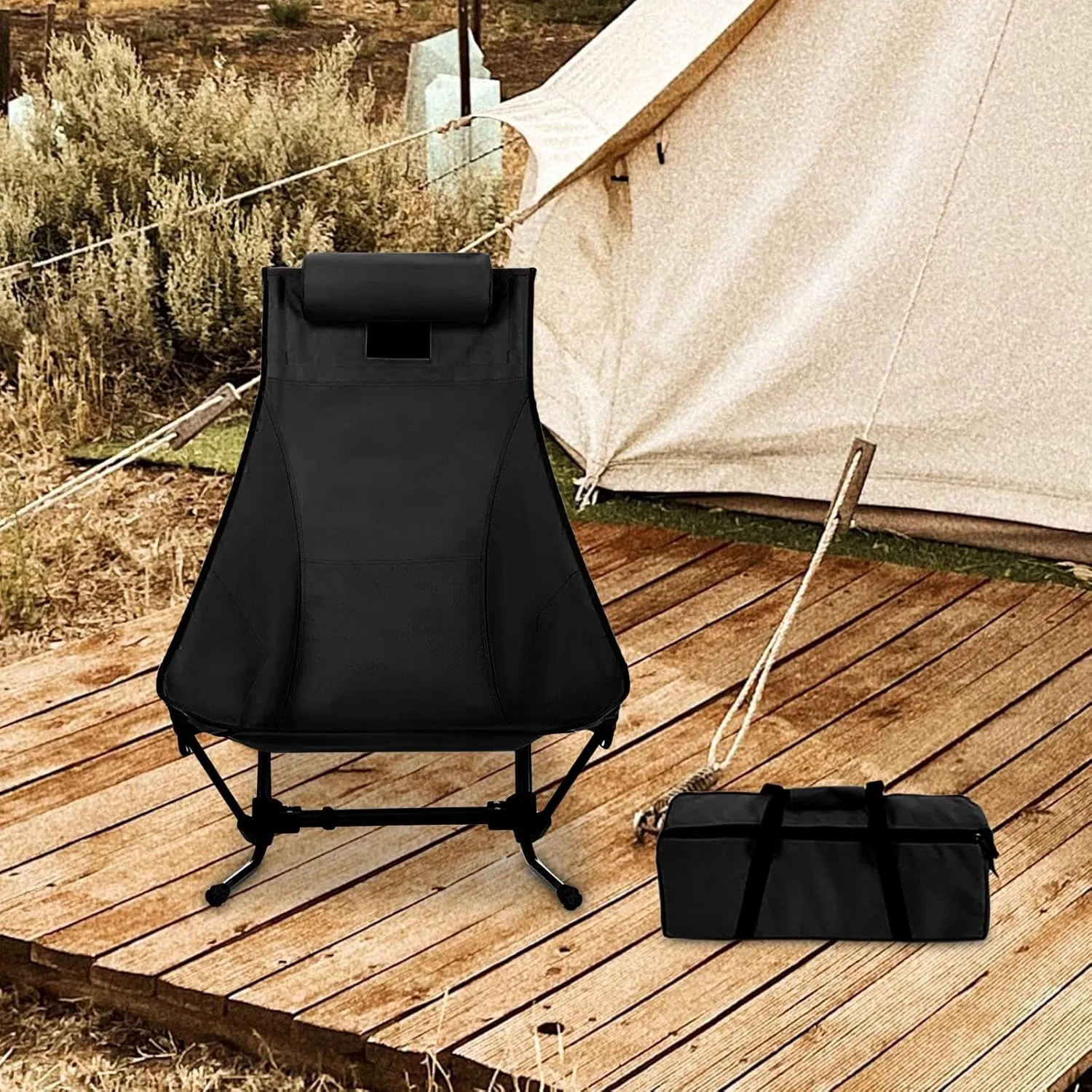 Folding Camping Chair Folding Chair Nonslip Reclining Chair Outdoor Moon Chair Beach Chair for BBQ Deck Patio Backyard Travel, Black