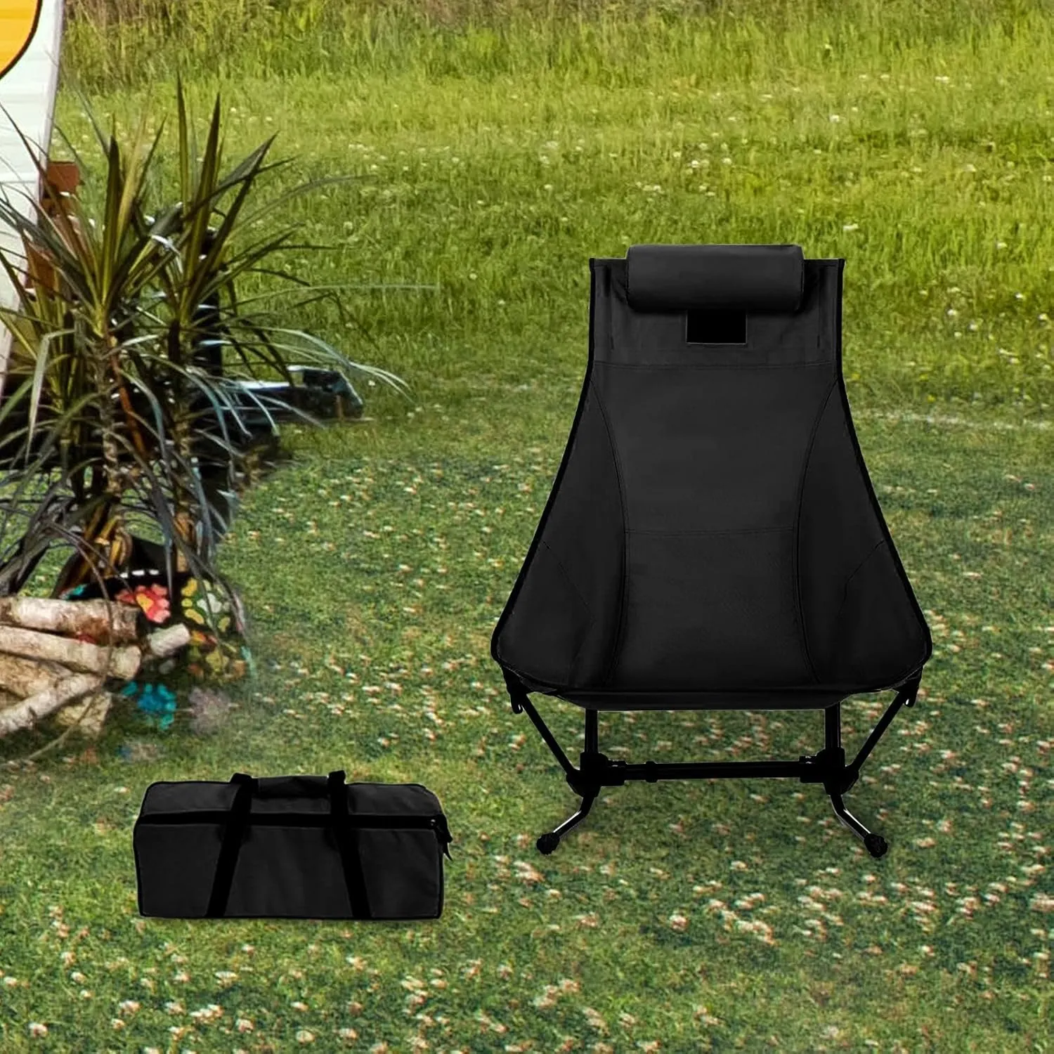 Folding Camping Chair Folding Chair Nonslip Reclining Chair Outdoor Moon Chair Beach Chair for BBQ Deck Patio Backyard Travel, Black
