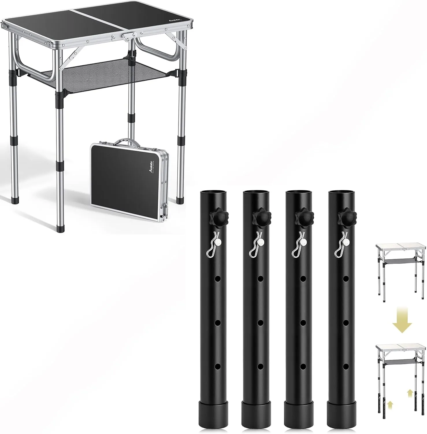 Folding Camping Table & 4pcs Folding Table Leg Extenders, 4 Levels Adjustable Height Rise Up to 13 in for Straight and Bent Legs