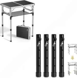 Folding Camping Table & 4pcs Folding Table Leg Extenders, 4 Levels Adjustable Height Rise Up to 13 in for Straight and Bent Legs