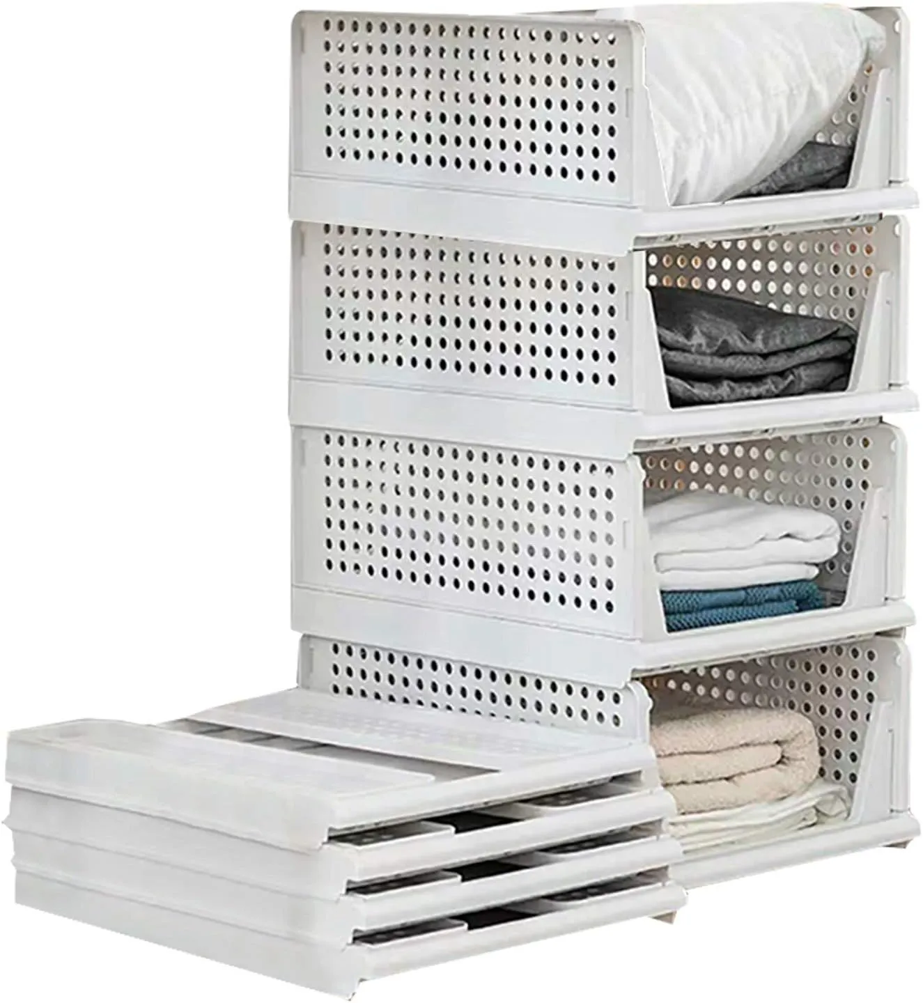 Folding Wardrobe Storage Box 4-Pack Plastic Drawer Organizer Stackable Shelf Baskets Cloth Closet Containers Bin Cubes,Home Office Bedroom Laundry Fold Pull Out Dividers for Clothes,Toys White