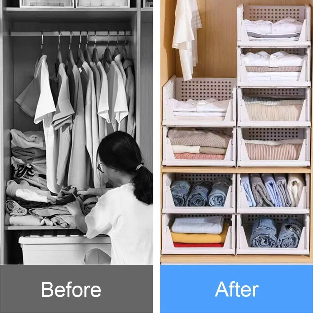 Folding Wardrobe Storage Box 4-Pack Plastic Drawer Organizer Stackable Shelf Baskets Cloth Closet Containers Bin Cubes,Home Office Bedroom Laundry Fold Pull Out Dividers for Clothes,Toys White