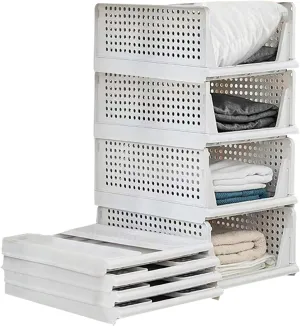 Folding Wardrobe Storage Box 4-Pack Plastic Drawer Organizer Stackable Shelf Baskets Cloth Closet Containers Bin Cubes,Home Office Bedroom Laundry Fold Pull Out Dividers for Clothes,Toys White
