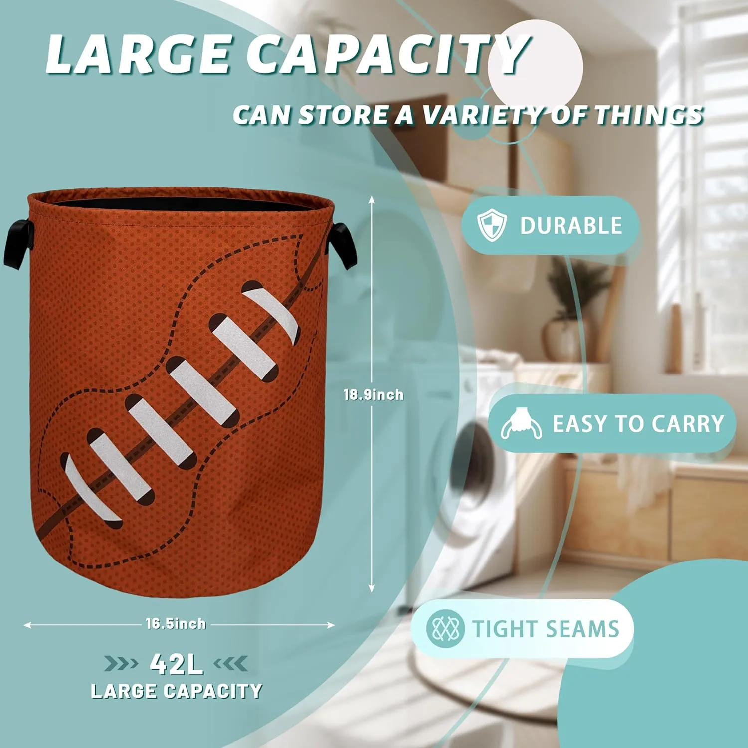 Football Laundry Basket Foldable With Handles American Ball Tote Bag Oxford Cloth Funny Laundry Hamper Clothes Storage Bucket Toy Organizer For Bathroom/Laundry/Bedroom 18.9" x 16.5 "