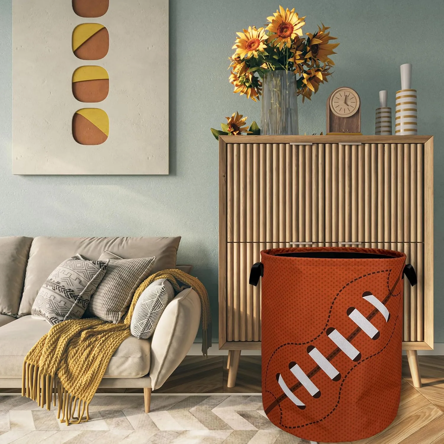 Football Laundry Basket Foldable With Handles American Ball Tote Bag Oxford Cloth Funny Laundry Hamper Clothes Storage Bucket Toy Organizer For Bathroom/Laundry/Bedroom 18.9" x 16.5 "
