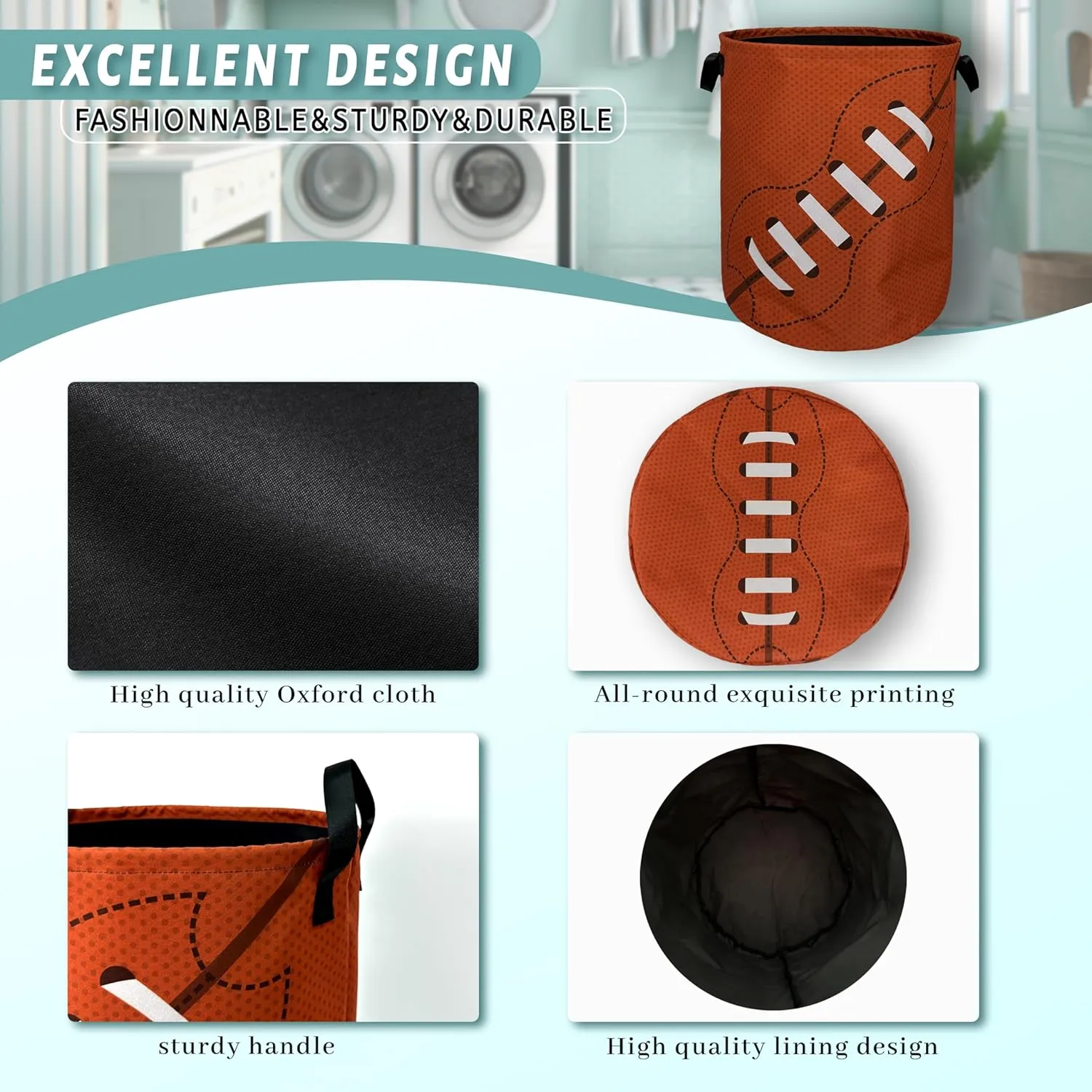 Football Laundry Basket Foldable With Handles American Ball Tote Bag Oxford Cloth Funny Laundry Hamper Clothes Storage Bucket Toy Organizer For Bathroom/Laundry/Bedroom 18.9" x 16.5 "