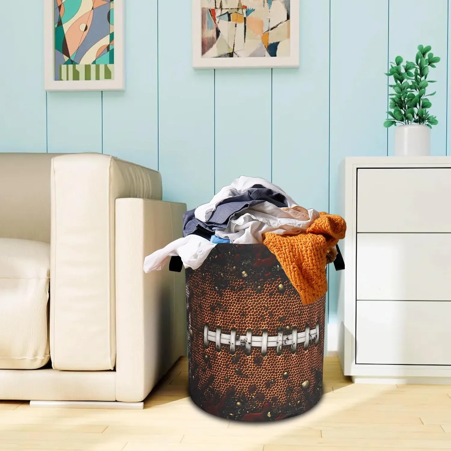 Football Laundry Basket Oxford Cloth Ball Texture Pattern Laundry Hamper With Handle Foldable Portable Clothes Storage Basket 18.9 X 16.5 Inch Storage Bag For Laundry Room/Bathroom/Bedroom/Dormitories