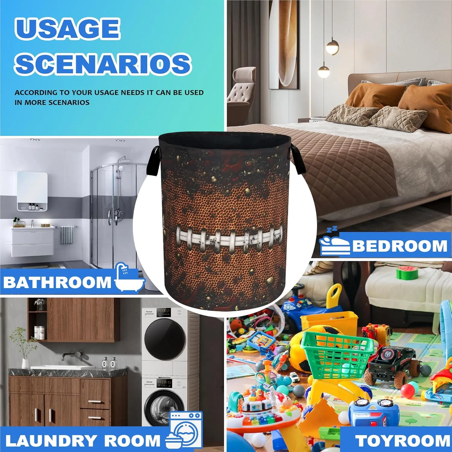 Football Laundry Basket Oxford Cloth Ball Texture Pattern Laundry Hamper With Handle Foldable Portable Clothes Storage Basket 18.9 X 16.5 Inch Storage Bag For Laundry Room/Bathroom/Bedroom/Dormitories