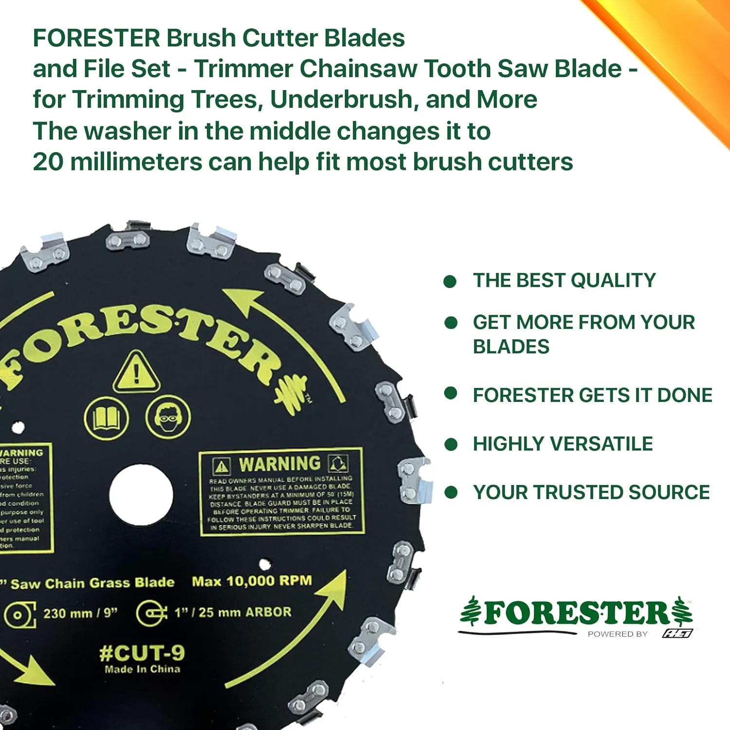 Forester 9” Chainsaw Brush Cutter Blade – 20 Tooth Circular Trimmer Saw Blade - for Trimming Trees, Clearing Underbrush, Cutting String, Weeds and Bush