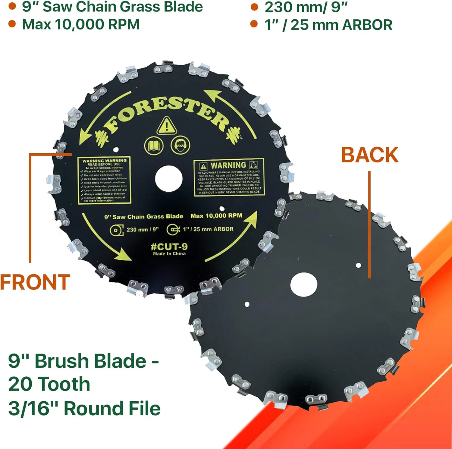 Forester 9” Chainsaw Brush Cutter Blade – 20 Tooth Circular Trimmer Saw Blade - for Trimming Trees, Clearing Underbrush, Cutting String, Weeds and Bush