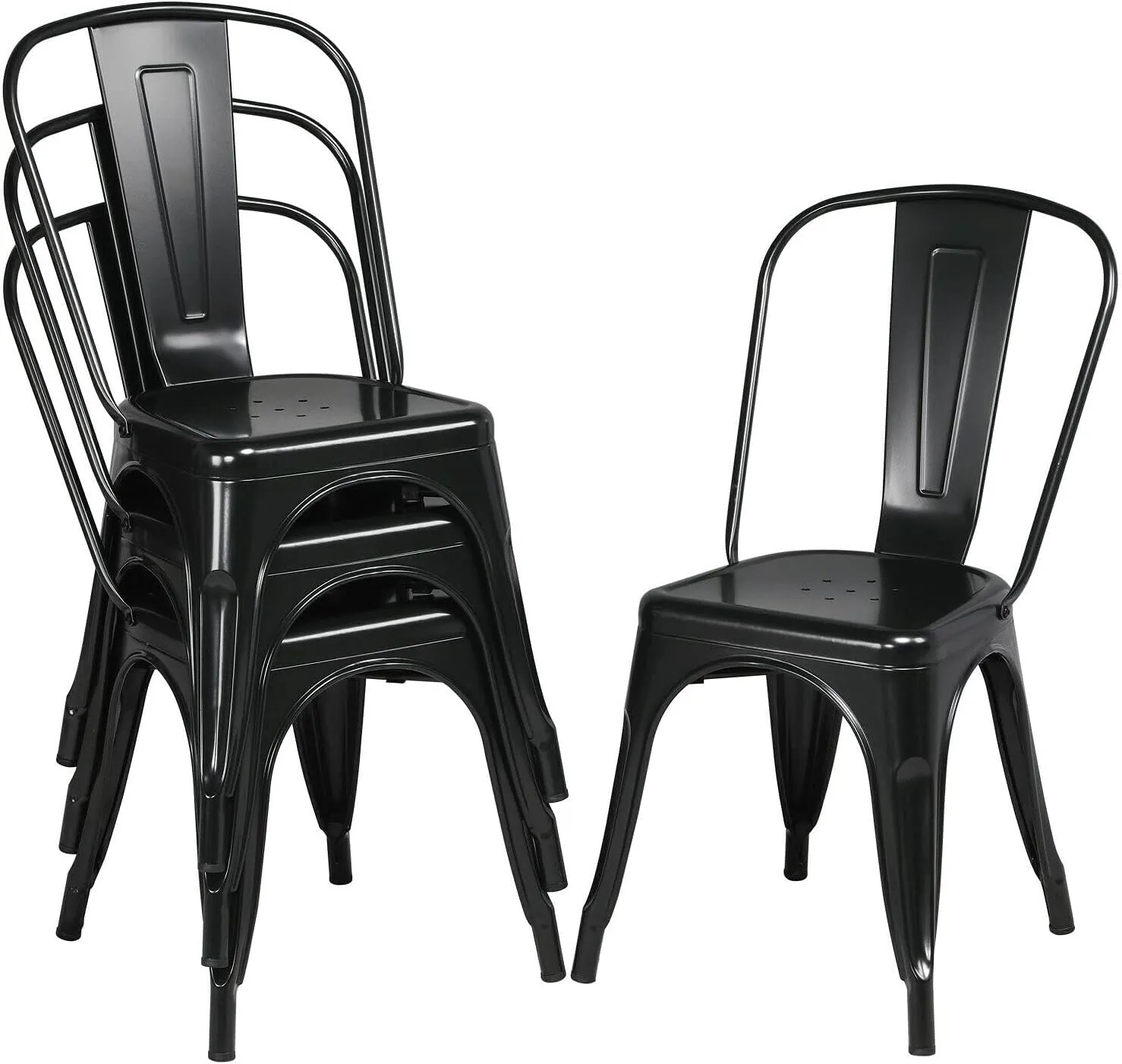Freemax Metal Dining Chair Set of 4 Indoor Outdoor Chairs Bar Stackable Side Chairs with Back Tolix Patio Kitchen Metal Chairs 18 Inch Seat for Restaurant Dining Room (Black)